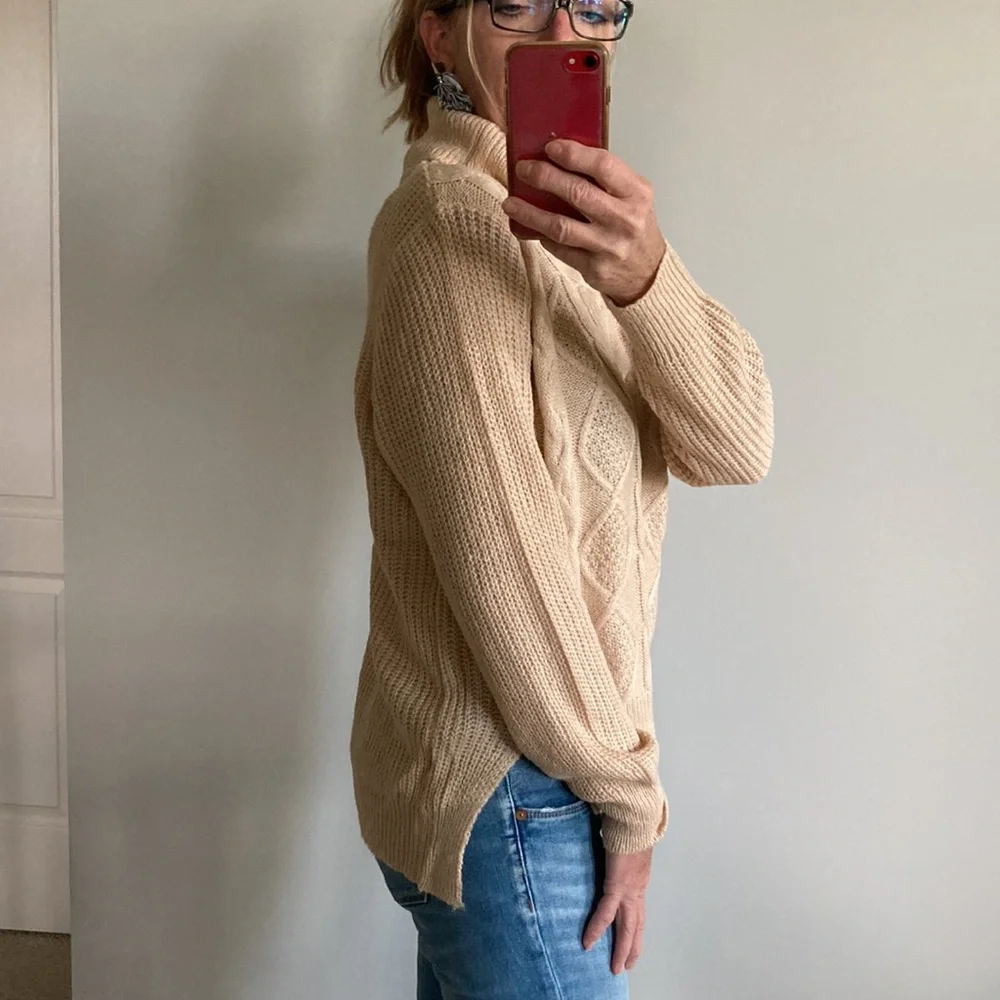 Tan Color Cable Knit Cowlneck Sweater - Picture 5 of 10